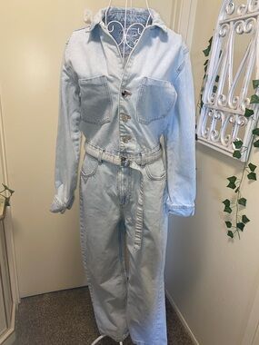 Zara Light Blue Denim Belted Jumpsuit
